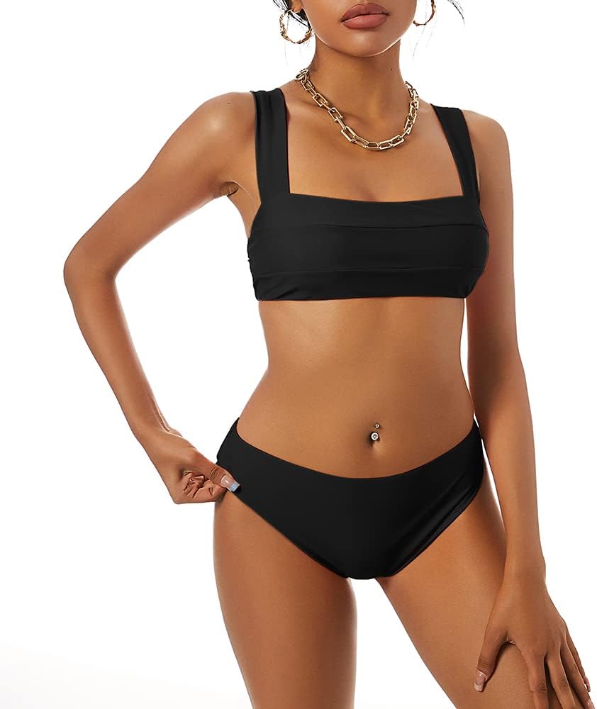 ZAFUL Women's Wide Straps Padded Bandeau Bikini Set 2 Piece Cheeky Swimsuit (S, Black)