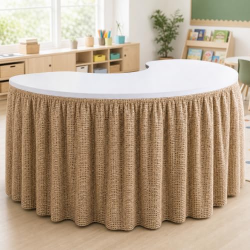 Image of 9FT Ruffle Burlap Pattern Table Skirt Teacher Desk Skirt for Classroom Decor Rectangle Table Cloth Desk Cover for Back to School Decorations Farm Birthday Party Supplies Office Bookcase Cabinet