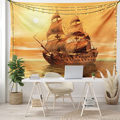 Ambesonne Vintage Tapestry, Ocean Sealife Wavy Pirate Ship Sailing In A Glass Water Image, Wide Wall Hanging For Bedroom Living Room Dorm, 80" X 60", Pale Yellow Marigold #TOP6