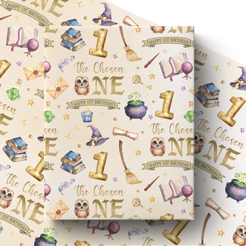 Pineraap 1st Birthday Wrapping Paper Roll Magical Wizard Gift Wrap with Witch Hat Magic World 1 Year Old Gift Packing Paper for Baby Shower First Birthday 17Inch x 16.5Feet