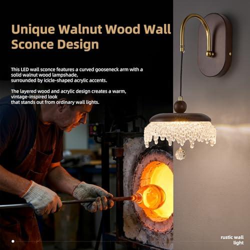 Image of LED Wall Sconce,Wood Wall Light Fixtures,8 inch Indoor Hardwired Wall Light,Vintage Scones Lighting for Bedroom Living Room Bathroom Dining Room Hallway (1 Pack)