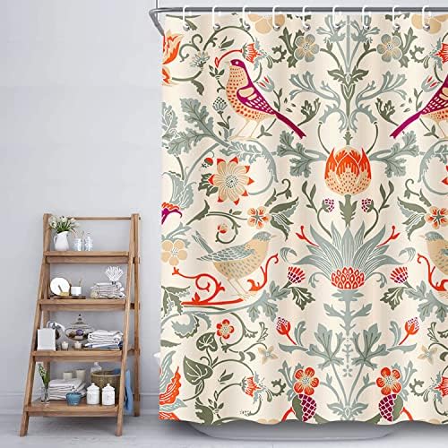 Dajuzi Mexican Mexico Floral Shower Curtain, Colorful Flower Bird Plant Shower Curtain Set, Vintage Garden Art Floral Shower Curtain Polyester Fabric with 12 Hooks 69X72 Inch