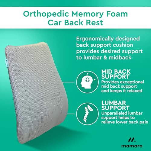 Image of Car Seat Back Cushion with Memory Foam Lumbar Support, Ergonomic Pillow for Back Pain Relief & Spine Alignment, Ideal for Long Drives, Daily Commutes & Office Chairs - Fits All Car Seats (Grey)