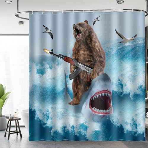 Image of Funny Shark Bear Shower Curtain - Fun Bear Riding Shark in Ocean Wave Cool Shower Curtains Set with 12 Hooks for Adults Wild Bathroom Decor Accessories, 72 inchx72 inch, Blue Brown
