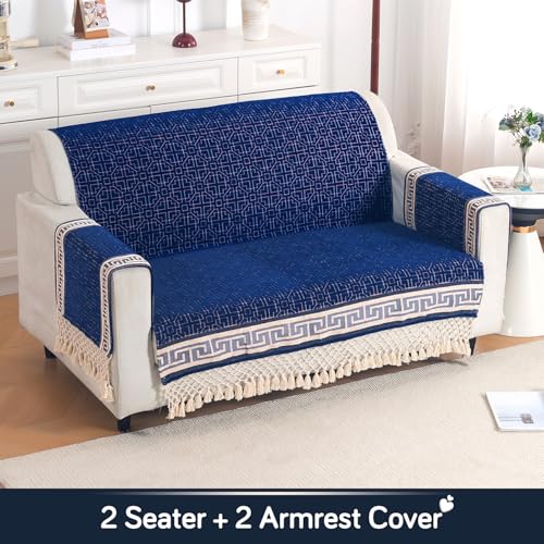 Image of HOKIPO 'Imperial Tassel Series' Premium Chenille Jacquard Sofa Cover Set for 2 Seater for Seat, Back & Arms with Tassels, Royal Blue (IN-1010 + IN-1012-I4*2)