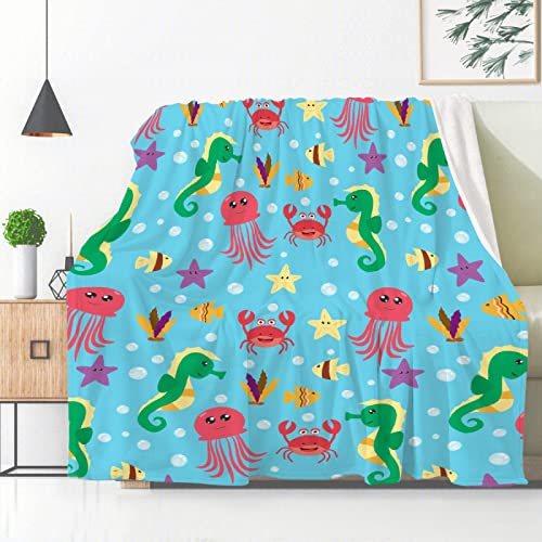 Undersea Watercolor Creatures Throw Blanket, Jellyfish Starfish Christmas Blanket Gift, Ultral Soft Warm Flannel Blanket for Animal Lover Suit for Sofa, Couch, Bed, Travel 60
