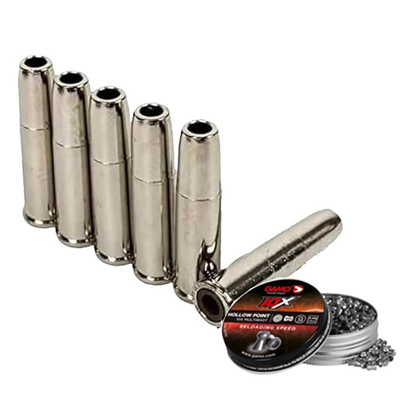 Kit de 6 vainas metálicas para revólveres Umarex Legends S25, S40 y S60 + Caja de balines de Acero