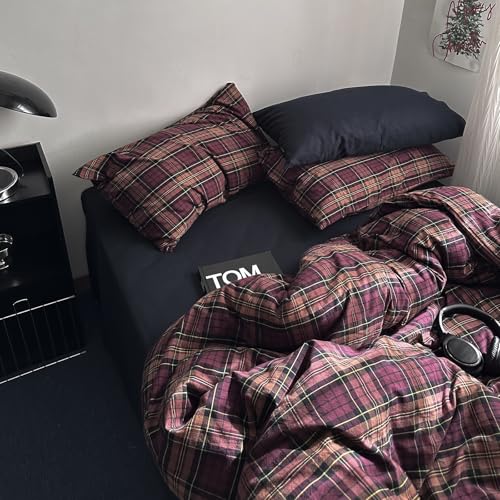 Image of MKXI Full Size Rustic Burgundy Plaid Duvet Cover Set, 3 Piece Farmhouse Bedding with Navy Check Accents, 100% Washed Cotton, Breathable Vintage Aesthetic Bed Set with Zipper Closure & Corner Ties