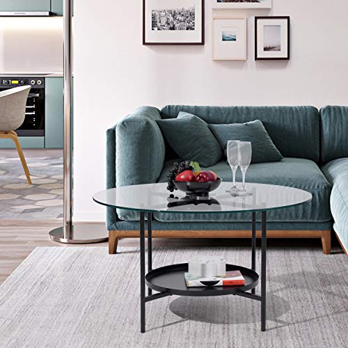 Round Coffee Table, 31.3'' Tempered Glass Top, Industrial Style 2-Tier