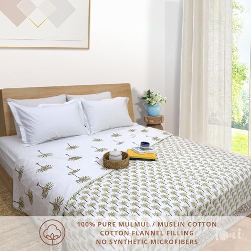Image of TOAIArt Premium Jaipuri Dohar | AC Blanket Summer Quilt | Hand Block Printed | 3 Layers | Reversible | 150GSM 100% Mulmul Cotton | 100% Cotton Flannel Filling | Queen 90 inch X 108 inch |Small Palm