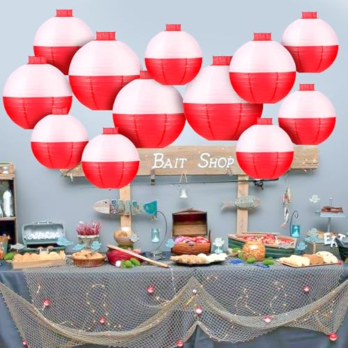 Image of Fishing Bobber Paper Lanterns Round Decoration Lantern 12 PCS Red and White Hanging Paper Lanterns for Fishermen Theme Party Decoration Supplies Birthday Decor