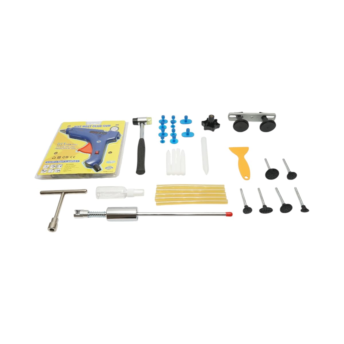 Kit di utensili per raddrizzare i pannelli della carrozzeria, 34 pezzi | Kit di utensili per raddrizzare: 1 pistola per colla elettrica per bacchette in silicone