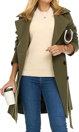 Long Women's Overcoat Business Casual Chouyatou Women's Winter Wool Blend Pea Coat - Double Breasted Long Coat With Removable Belt Below Knee Length Coat With Belt