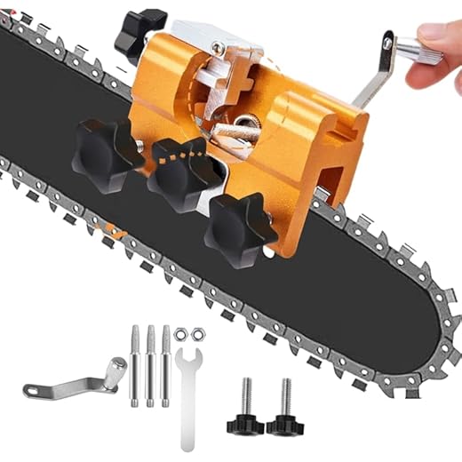 PEKMAR Kit de afiador de motosserra, ferramenta fácil portátil - manivela manivela lâmina afiador gabarito com 3 peças de rebarba de afiação de tungstênio rígido, para todas as motosserras e serras