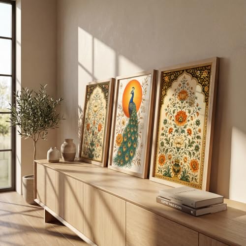 Image of NoWorries Floral Peacock Wall Art Set of 3 Framed Prints | Indian Traditional Botanical Painting, Royal Peacock & Lotus Flower Poster, Vintage Rajasthani Wall Decor for Living Room Bedroom Home (Synthetic Engineered Wooden Frame) (MIN -1, 10x13 inches)