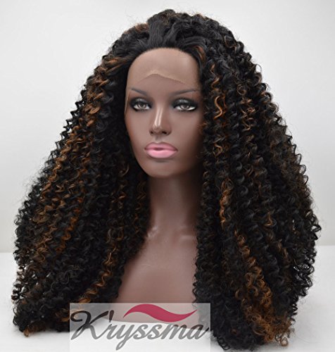 K'ryssma Mixed Color Kinky Curly Wigs for Black Women Synthetic Half Hand Tied Lace Front Wig Heat Resistant Fiber Hair 2 Tones (Black and Brown) 26 Inches