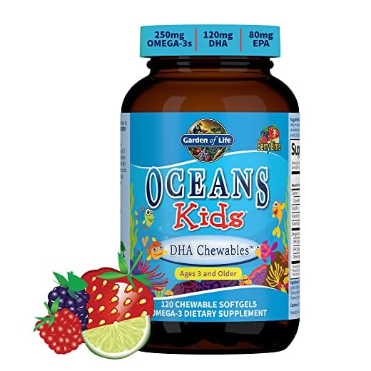 Garden of Life Fish Oil Omega 3 for Kids - Oceans Kids DHA Cod Liver Oil Chewable Softgels - Berry Lime, 120mg, EPA, Vitamin A, D3 - Sugar Free Fish Oil Supplement, Multi, 120 Count