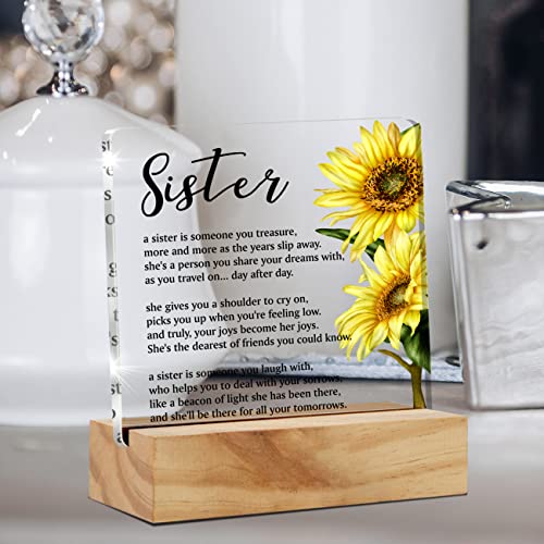 Sister Gift Sisters Gifts, A Sister Is Someone You Treasure Desk Decor Flower Style Square Acrylic Desk Plaque Sign With Wood Stand Home Office Desk Sign Keepsake Present #TOP4