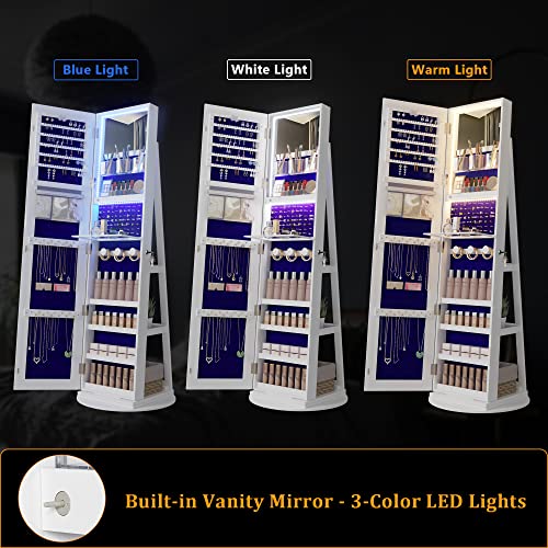 Image of HNEBC LED Light Jewelry Organizer Mirror 360 Rotating, Jewelry Armoire with Door Mirror, Full Length Mirror Jewelry Cabinet, Mirror with Jewelry Storage, Large Jewelry Boxes & Organizers(B White)