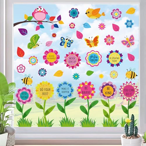 Summer Spring Window Clings Spring Window Clings for Glass Window Double-Side Flower Birds Inspirational Butterfly Summer Spring Window Stickers Decorations for Classroom Home Office Party Decor