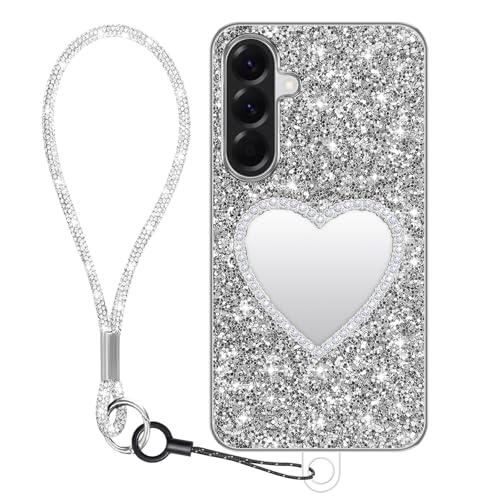 Coque Samsung A56 5G antichoc fine avec brassard de maintien et miroir cœurs argent