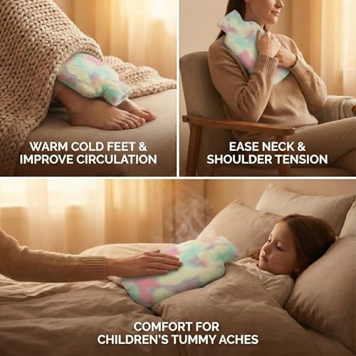 Image of Hot Water Bottle with Soft Plush Cover 1000ml Medical Grade Silicone Hot Water Bag for Period Cramps, Back Pain Relief, Hot & Cold Therapy, Muscle Aches & Body Relaxation Heating Pad (Unicorn)