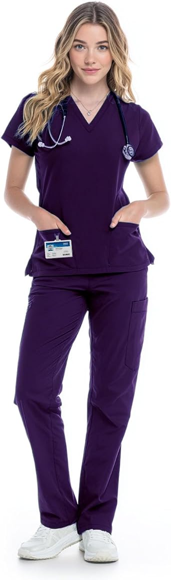 Scrubs Set for Women - V-Neck Top and Cargo Pants Medical Uniform Scrub