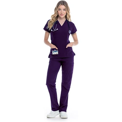 Scrubs Set for Women - V-Neck Top and Cargo Pants Medical Uniform Scrub