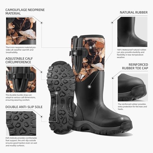 TerraTrax Men's Black 100% Waterproof Insulated Rubber Hunting & Work Boots | 6mm Neoprene for Cold Weather, Fishing, Farming & Outdoor Use Size 11 - 4