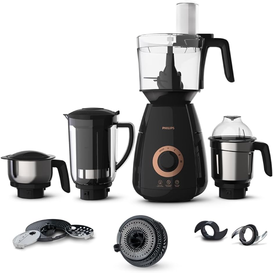 Philips Stainless Steel Mixer Grinder + Food Processor, 3-in-1 750 Watt (Mixer Grinder for home + Juicer + Food Processor) 4 Jar, (HL7707/01), Black