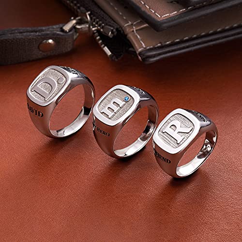 AILIN Custom Square Signet Initial Ring Sterling Silver 925 Personalized Left Right Engraved Name Year Letter Birthstone Rings With Dot Father Day Birthday Gifts For Men Women Boyfriends Dad2