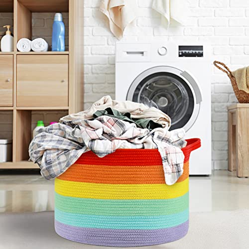 Autonomier 20" X 14" Rainbow Extra Large Tall Cotton Rope Woven Storage Baskets,Throw Blanket Storage Basket For Living Room,Home Decorative Storage Baskets,Cute Boho Nursery Hamper Laundry Basket #TOP4