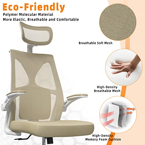 Younmall Ergonomic Office Chair, High Back Desk Chair, Breathable Mesh Desk Chair With Lumbar Support, Adjustable Headrest And Flip-Up Arms, Swivel Task Chair With Adjustable Height (Khaki) #TOP4