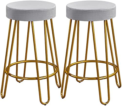 Yaheetech Round Kitchen Counter Stool Home Bar Height Stools with Golden Hairpin Legs Upholstered Velvet Seat for Kitchen/Dining Room/Living Room Set of 2, Gray