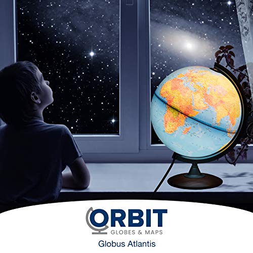 ORBIT Globes & Maps - Leuchtglobus - 30cm Globus mit Holzfuß, Kartenbild 2025 physikalisch/politisch mit LED Leuchte, aktuelles deutsches Kartenbild