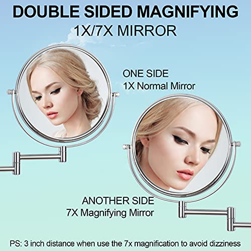 Lansi Wall Mount Makeup Mirror, 7X Magnification Mirror Adjustable Height Double-Sided Bathroom Mirrors Wall Mount, 360°Swivel Wall-Mounted Mirrors Vanity Mirror For Bathroom Bedroom, Chrome #TOP4