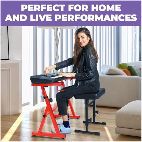 Image of Liquid Stands Portable Heavy Duty Digital Piano Stand & Bench Set - Adjustable Keyboard Music Stand & Seat for 54-88 Key Electric Pianos (Red)