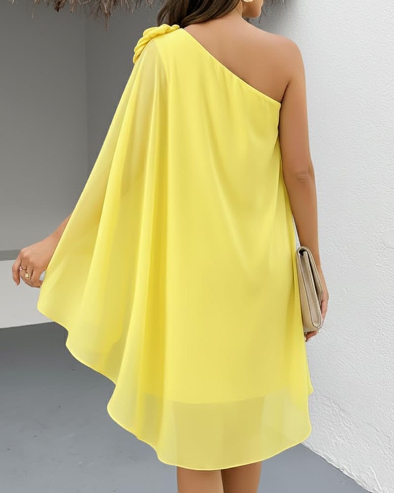 CHICME Womens Summer Mini Dress One Shoulder Chiffon Spring Dress with 3D Flower Detail Wedding Cocktail Beach Dresses - Image 4