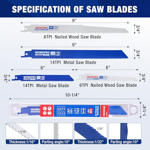 Image of WORKPRO 10-Piece Reciprocating Saw Blade Set, BIM Saw Blades for Metal /Nailed Wood Cutting, Organizer Case Included