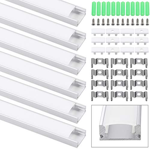 Justech 6er Pack LED Aluminium Profil 1m U-Form LED Schiene Aluprofil für LED Strips Streifen / Band bis 12 mm, inkl. Abdeckungen, Endkappen, Montagematerial und Montageclips