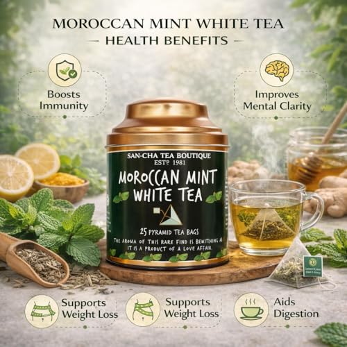 Image of Sancha Tea Boutique, Moroccan Mint White Tea, 25 Pyramid Bags, Rich in Antioxidants, Spearmint Blend, Silver Needles, Supports fight against PCOS /PCOD