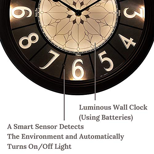 Presentime & Co 12.6" Luminous Farmhouse Clock, Silent No Ticking, Oil Rubbed Bronze Finish, Vintage Style, Lighted Clock With Smart Sensor #TOP2