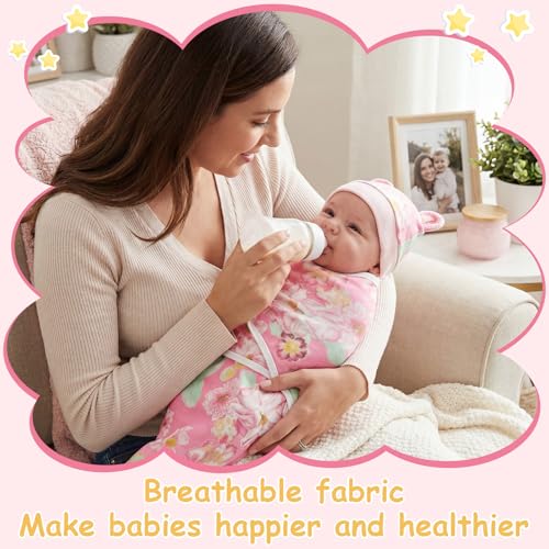 Image of Ramede 6 Pack Swaddle Blanket with Hats for Baby Girl Boy 100% Cotton Swaddles 0-3 Months, Adjustable Breathable Skin Friendly Receiving Blanket Wrap, Essential for Newborns(Flower,Colorful)