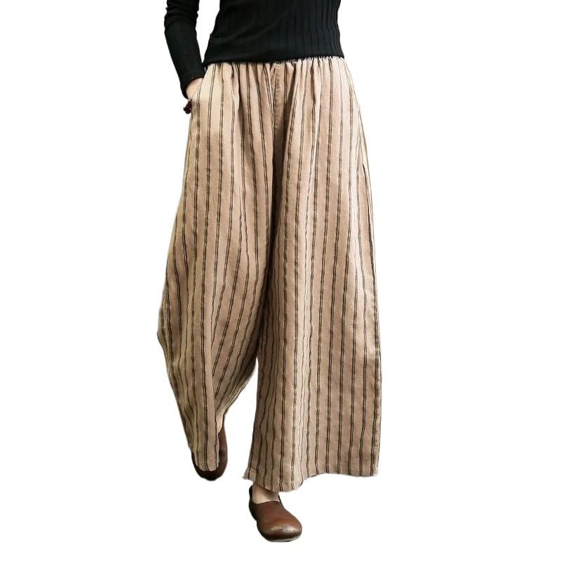 Womens Retro Striped Floral Printed Cotton Linen Wide Leg Pants Loose Cropped Pants Beach Straight Leg Pants