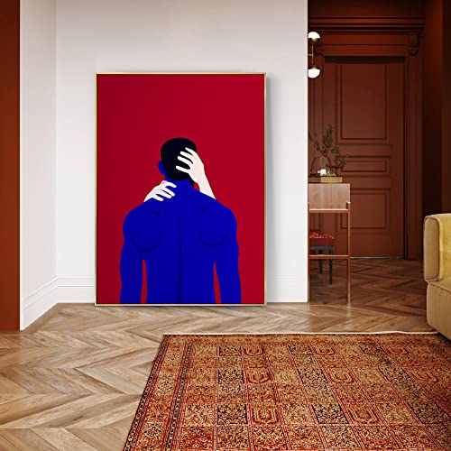 Peinture à l'huile sur toile abstraite rouge et bleue peinte à la main en taille 60x90 cm