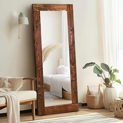 Image of 58x24in Full Length Mirror, Solid Wood Convex Frame, Brown