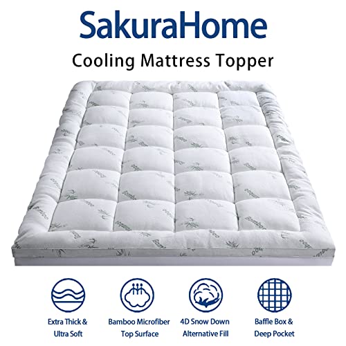 Bamboo Mattress Topper Queen Size , Cooling Extra Thick Breathable Mattress Pad, Soft Quilted Fitted Mattress Cover With 5D Snow Down Alternative Fill (8-21”Deep Pocket) #TOP1