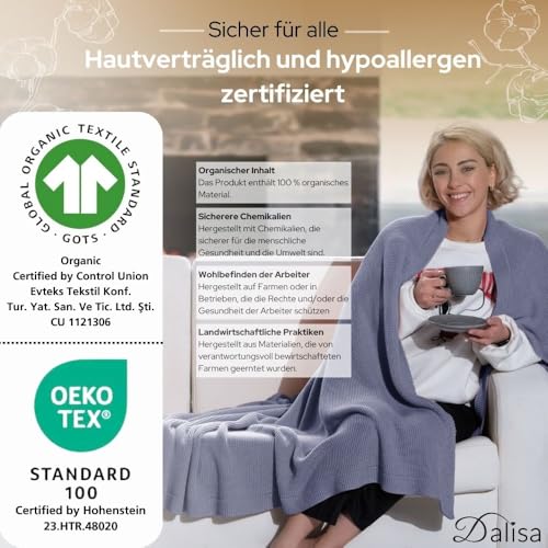 Dalisa 100% Bio-Baumwolldecke aus türkischer Baumwolle-GOTS-Zertifiziert, dick, gemütlich und klobig-perfekt für Couch, Bett und Heimdekoration - Boho Vintage Knit Alina (Blau, 150x200 cm)