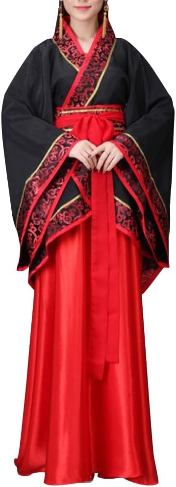 QYUU Women's Chinese Hanfu Dress Ancient Traditional Costume Outfit Stage Performance Wear (1# Black Top+Red Skirt, L)