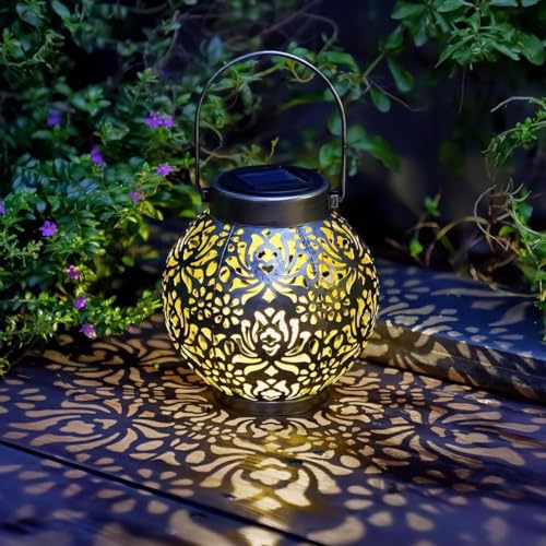 Image of 2 Pack Outdoor Solar Hanging Lantern Lights Metal LED Decorative Lamp for Garden Patio Courtyard Lawn and Table with Hollowed-Out Design (Antique Bronze)